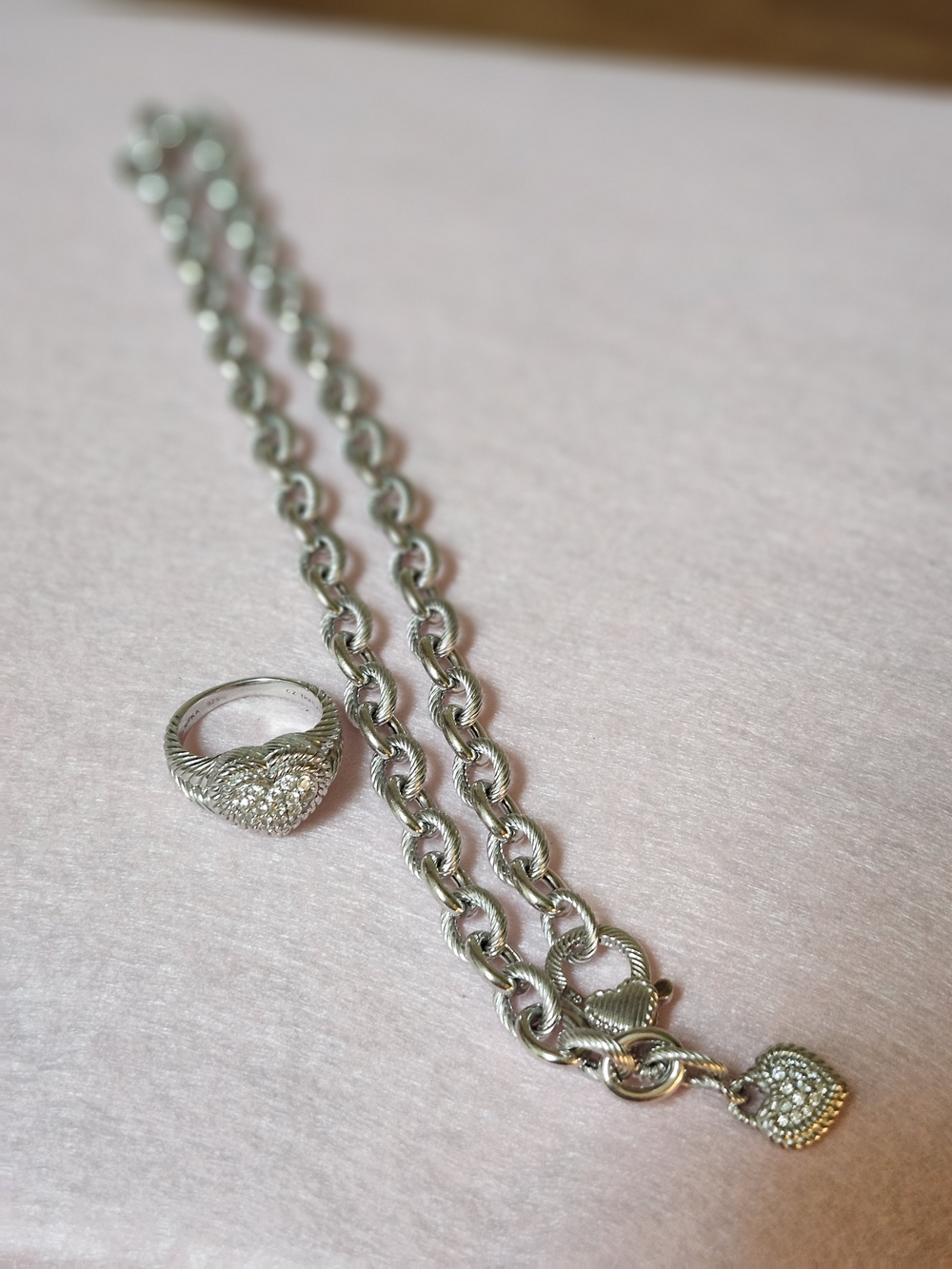 Judith Ripka Pavé Heart Pendant Chain Necklace and Matching Heart Ring.